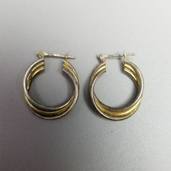 Vintage Sterling Silver Two Tone 1 Inch Hoop Earrings, 925 Italy, Estate - Picture 2 of 9